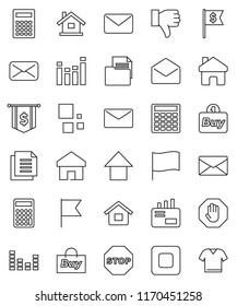 thin line vector icon set - calculator vector, flag, arrow up, dollar, document, equalizer, finger down, mail, stop button, home, loading, house, buy, clothes