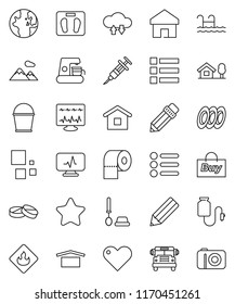 thin line vector icon set - bucket vector, toilet brush, paper, plates, pencil, school bus, world, scales, dry cargo, flammable, heart, syringe, pills, diagnostic monitor, drop counter, home, chalet