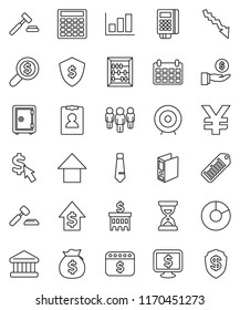 thin line vector icon set - abacus vector, bank, graph, pie, crisis, money bag, investment, dollar growth, auction, building, calculator, search, target, man, binder, sand clock, arrow up, tie, safe