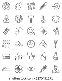 thin line vector icon set - flask vector, pills, oxygen, ambulance star, thermometer, eye, insemination, syringe, crutches, broken bone, patch, stethoscope, doctor hat, microbs, chromosomes, potion