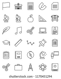 thin line vector icon set - copybook vector, graduate hat, pen, university, blackboard, corner ruler, drawing compass, case, apple fruit, atom, table lamp, calculator, notebook pc, clipboard, magnet