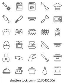 thin line vector icon set - water tap vector, plates, pan, oil, colander, cook hat, glove, timer, press, whisk, skimmer, spatula, knife, rolling pin, meat hammer, hand mill, toaster, microwave oven