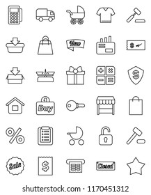 thin line vector icon set - receipt vector, gift, sale, new, closed, shopping bag, percent, market, buy, card reader, basket, home, list, calculator, auction, delivery, mail, unlock, check, clothes