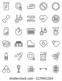 thin line vector icon set - measuring vector, heart pulse, stadium, stopwatch, pills vial, hand trainer, punching bag, boxing glove, roller Skates, skateboard, medal, sports nutrition, enegry drink