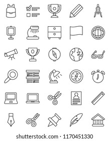 thin line vector icon set - pen vector, pencil, ruler, drawing compass, glasses, backpack, telescope, table lamp, notebook pc, alarm clock, paper pin, award cup, scissors, presentation, world, flag