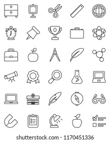 thin line vector icon set - pen vector, university, ruler, drawing compass, glasses, case, apple fruit, atom, telescope, table lamp, notebook pc, alarm clock, clipboard, paper pin, award cup, medal