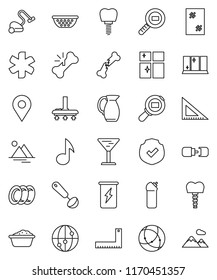 thin line vector icon set - vacuum cleaner vector, window cleaning, foam basin, agent, plates, shining, colander, ladle, jug, corner ruler, music, enegry drink, glass, protected, cargo search, pin