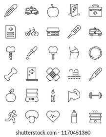 thin line vector icon set - double boiler vector, mushroom, oil, apple fruit, diet, barbell, heart pulse, bike, muscule hand, buttocks, water bottle, pool, bone, hoop, run, doctor bag, thermometer