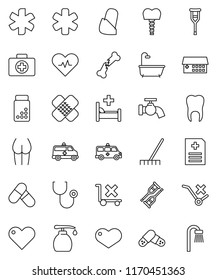 thin line vector icon set - rake vector, water tap, liquid soap, pills vial, buttocks, first aid kit, no trolley, heart, ambulance star, pulse, crutches, broken bone, patch, stethoscope, anamnesis