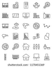 thin line vector icon set - clothespin vector, house hold, constellation, investment, personal information, heart monitor, navigator, Railway carriage, phone, truck trailer, port, settings, microbs