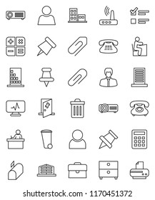thin line vector icon set - trash bin vector, student, paper pin, archive, exam, manager, case, phone, classic, thumbtack, diagnostic monitor, medical room, router, attachment, user, apartments