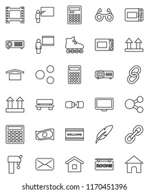 thin line vector icon set - welcome mat vector, microwave oven, pen, blackboard, glasses, calculator, cash, roller Skates, dry cargo, top sign, film frame, monitor, link, mail, share, bench, home