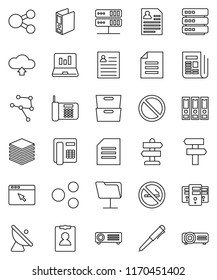 thin line vector icon set - pen vector, document, archive, personal information, laptop graph, binder, prohibition sign, no smoking, signpost, satellite antenna, newspaper, network, folder, server