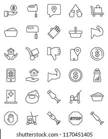 thin line vector icon set - soap vector, cleaner trolley, foam basin, rubber glove, house hold, hand mill, mixer, blender, dollar coin, investment, muscule, boxing, traking, finger down, stop