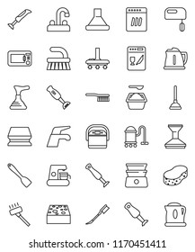 thin line vector icon set - plunger vector, water tap, vacuum cleaner, fetlock, sponge, car, washing powder, kettle, spatula, double boiler, blender, dishwasher, mixer, coffee maker, hood