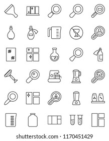 thin line vector icon set - scraper vector, window cleaning, shining, oil, measuring cup, spices, jar, magnifier, flask, no alcohol sign, cargo search, vial, potion, estate, client, coffee maker