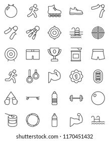 thin line vector icon set - award cup vector, target, barbell, hand trainer, fitball, muscule, snickers, boxing glove, shorts, roller Skates, skateboard, medal, sports nutrition, water bottle, pool