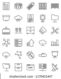 thin line vector icon set - presentation vector, archive, personal information, graph, dollar growth, binder, board, barcode, music hit, social media, network, server, folder, cloud, exchange, usb