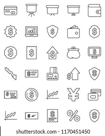 thin line vector icon set - presentation vector, dollar coin, graph, laptop, credit card, wallet, crisis, growth, check, receipt, board, medal, shield, monitor, yen sign, percent
