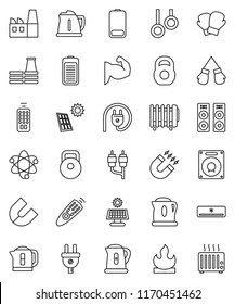 thin line vector icon set - kettle vector, atom, magnet, weight, muscule hand, boxing glove, gymnast rings, flammable, remote control, battery, rca, solar panel, air conditioner, factory, power plug