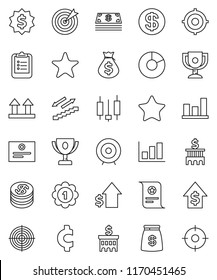 thin line vector icon set - clipboard vector, award cup, certificate, graph, pie, japanese candle, money bag, dollar growth, bank building, target, medal, cent sign, stairways run, top, favorites