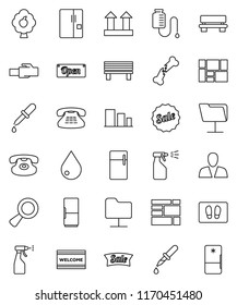 thin line vector icon set - water drop vector, welcome mat, sprayer, consolidated cargo, top sign, sorting, classic phone, magnifier, dropper, broken bone, counter, network folder, lan connector