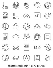 thin line vector icon set - toilet brush vector, glasses, world, personal information, pie graph, pills, no fastfood, gymnast rings, earth, music hit, stop button, backward, cloud network, refresh