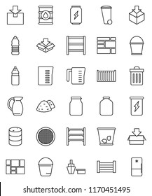 thin line vector icon set - bucket vector, trash bin, garbage pile, measuring cup, jug, sieve, jar, enegry drink, water bottle, sea container, port, wood box, consolidated cargo, package, oil barrel
