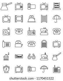 thin line vector icon set - washboard vector, kettle, hand mill, turk coffee, glasses, alarm clock, abacus, phone, umbrella, film frame, radio, tv, classic, closed, video camera, sewing machine