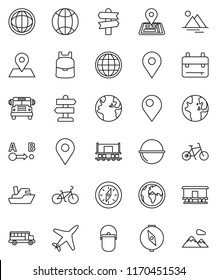 thin line vector icon set - camping cauldron vector, backpack, compass, school bus, world, bike, signpost, navigator, earth, map pin, Railway carriage, plane, ship, route, globe, mountain