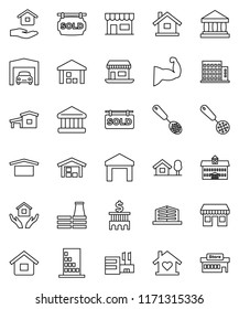 thin line vector icon set - house hold vector, skimmer, university, bank, building, muscule hand, office, dry cargo, warehouse, cottage, chalet, garage, barn, sold signboard, apartments, love home