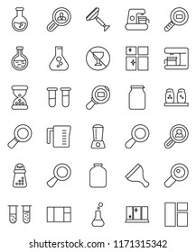 thin line vector icon set - scraper vector, shining window, measuring cup, hand mill, spices, jar, magnifier, flask, no alcohol sign, cargo search, vial, sand clock, client, coffee maker, blender