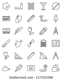 thin line vector icon set - splotch vector, welcome mat, washboard, rolling pin, chicken leg, pen, pencil, corner ruler, drawing compass, glass, tulip, big scales, Railway carriage, hdmi, plan