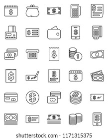 thin line vector icon set - credit card vector, cash, coin stack, check, receipt, dollar calendar, money, wallet, reader, tap pay