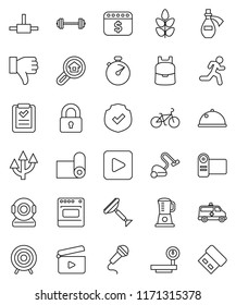 thin line vector icon set - scraper vector, vacuum cleaner, dish, backpack, dollar calendar, barbell, stopwatch, bike, target, fitness mat, cereals, run, protected, big scales, cinema clap, potion