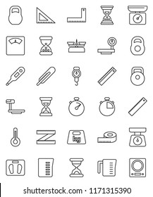 thin line vector icon set - measuring cup vector, scales, corner ruler, sand clock, stopwatch, weight, big, thermometer, store, kitchen