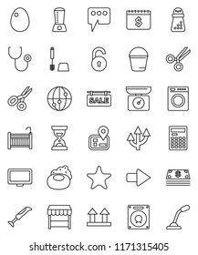 thin line vector icon set - soap vector, bucket, toilet brush, hand mill, egg, calculator, scissors, sand clock, dollar calendar, navigator, top sign, internet, monitor, favorites, stethoscope, crib