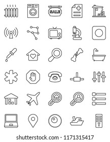 thin line vector icon set - map pin vector, plane, ship, warehouse, tv, settings, notebook pc, rec button, ambulance star, dropper, broken bone, microscope, anamnesis, ovule, connect, network, menu