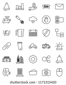 thin line vector icon set - trash bin vector, foam basin, measuring cup, skimmer, bell, graph, investment, stadium, calendar, first aid kit, video camera, pills, amkbulance car, gear, shield, share