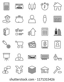 thin line vector icon set - house hold vector, skimmer, alarm clock, schedule, presentation, exam, japanese candle, dollar growth, annual report, calculator, man, binder, personal information, money