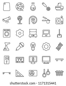 thin line vector icon set - plunger vector, scoop, cook press, skimmer, cutting board, double boiler, corner ruler, telescope, notebook pc, flask, monitor dollar, skateboard, gymnast rings, radio
