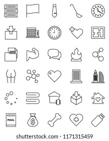 thin line vector icon set - towel vector, ladle, book, flag, money bag, clock, tie, muscule hand, buttocks, molecule, heart cross, bone, document, package, flammable, dialog, loading, mailbox, plan