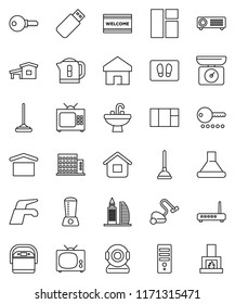 thin line vector icon set - plunger vector, water tap, vacuum cleaner, mop, welcome mat, sink, dry cargo, home, cottage, apartments, office building, tv, password, hood, multi cooker, blender, usb