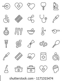 thin line vector icon set - thermometer vector, molecule, heart cross, doctor bag, disabled, pulse, flask, gender sign, insemination, dropper, crutches, broken bone, stethoscope, pills bottle, sperm