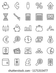 thin line vector icon set - graph vector, pie, japanese candle, laptop, wallet, crisis, money bag, piggy bank, dollar growth, auction, annual report, calculator, search, clock, man, sand, hierarchy