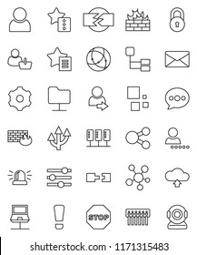 thin line vector icon set - social media vector, connection, server, notebook network, folder, gear, equalizer, firewall, hub, share, favorites, message, cloud upload, loading, mail, hierarchy, lock