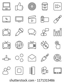 Thin Line Vector Icon Set - Cinema Clap Vector, Film Spool, Disk, Music Hit, Microphone, Equalizer, Video Camera, Internet, Touchscreen, Dialog, Speaking Man, Monitor, Notebook Pc, Finger Up, Mail