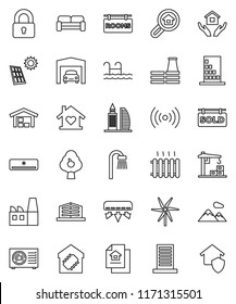 thin line vector icon set - house hold vector, pool, solar panel, windmill, fruit tree, mountain, garage, barn, estate document, rooms signboard, sold, office building, search, lock, bath, love home