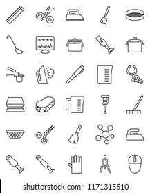 thin line vector icon set - broom vector, rake, sponge, iron, steaming, rubber glove, pan, colander, measuring cup, cook press, ladle, blender, sieve, ruler, drawing compass, pen, social media