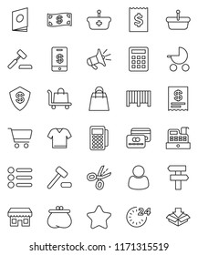 thin line vector icon set - cart vector, receipt, credit card, wallet, cash, star, 24 hour, shopping bag, store, customer, barcode, reader, cashbox, basket, calculator, auction, trolley, catalog